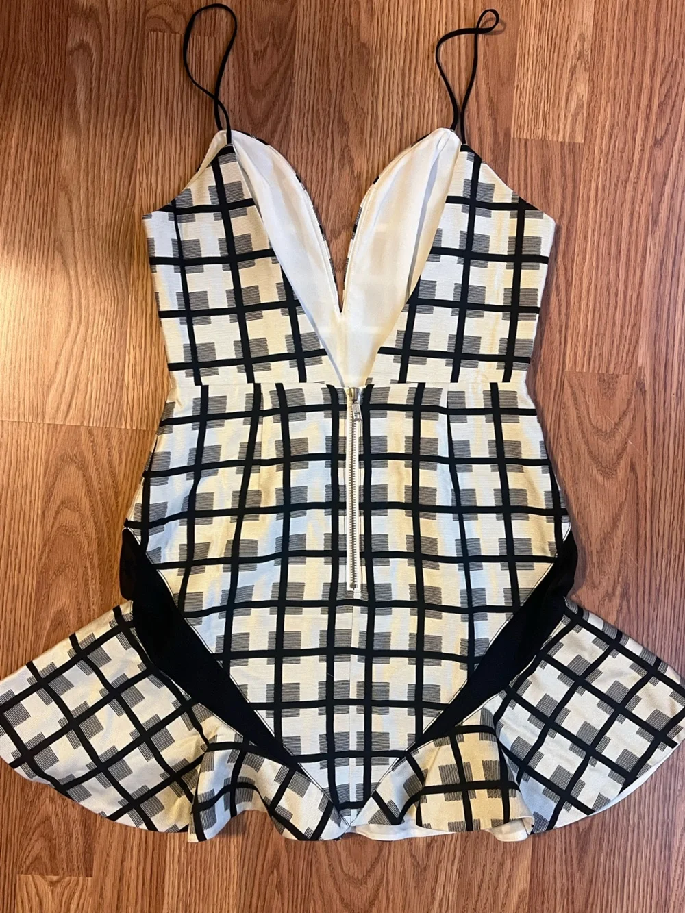 NBD White and Black Grid V-Neck Dress